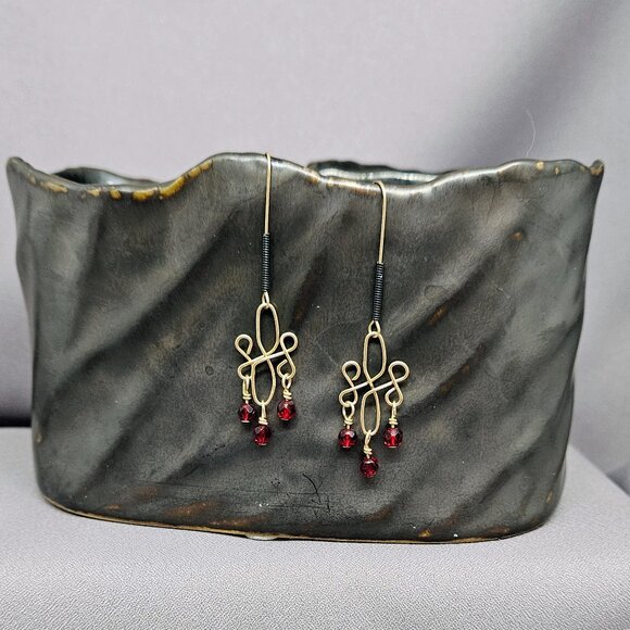 Red Glass Beaded Earrings, 14k Gold Filled Wire Wrap links, Handmade 2.5" - Picture 5 of 9